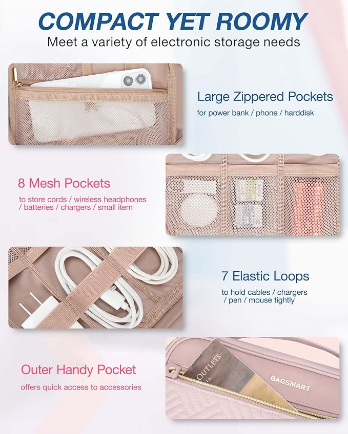 BAGSMART Electronics Travel Organizer, Portable Tech Accessories Cord Storage Case for Charging Cables, Pink - Image 3