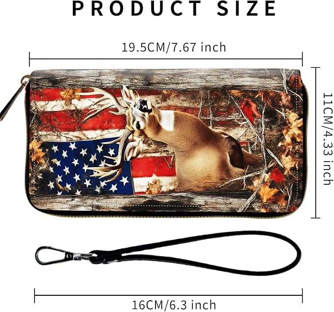 Wallet,Leather Long Wallet Suitable For Ladies And Teenagers - Detachable Wristband + RFID Travel Wallet With Card Slot - American Flag and Deer - Image 2