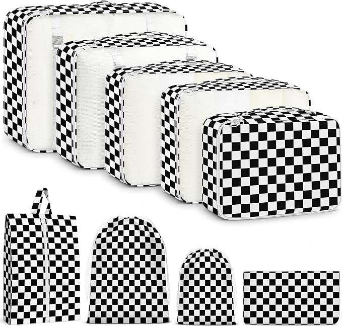 9 Set Packing Cubes for Travel Essentials - Lightweight Carry-On Luggage Organizer Bags with Shoe, Clothes & Laundry Bags for Airplane, Family & Business Travel, Black checkered by Unknown