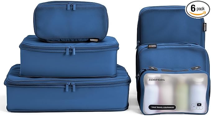 6 Set Compression Packing Cubes for 7–14 Day Travel, Dark Blue | Nylon Oxford Fabric, Full Breathable Mesh, Reinforced Double-Zipper, Small to Large Size Bag, Expandable Packing System by SOARSAIL