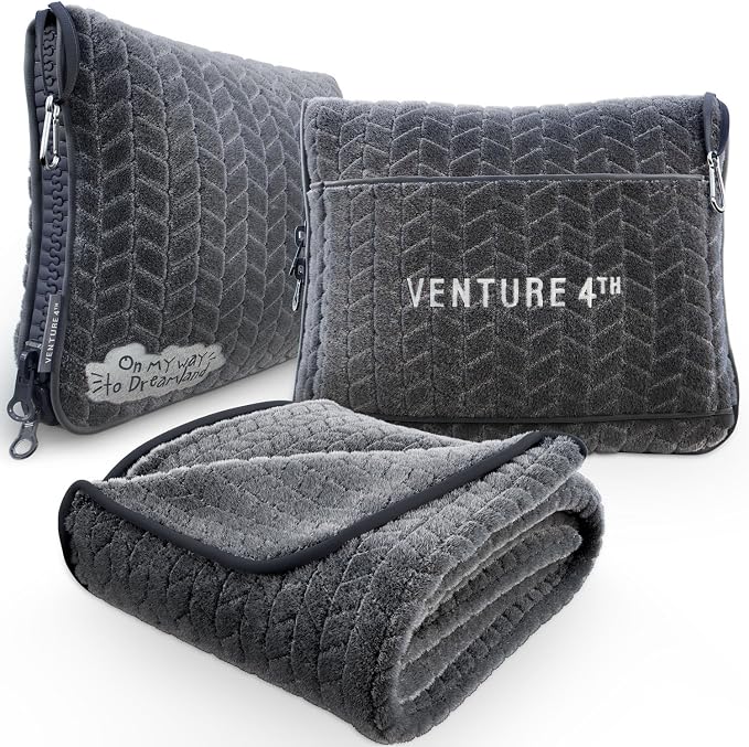VENTURE 4TH Travel Blanket Pillow, 2-in-1 Soft Plush - Gray | 68"x42" ultra-soft micro plush Blanket. Folds into portable Pillow Case with Travel Sleeve & Clip. Lint-free, no shedding. by VENTURE4TH