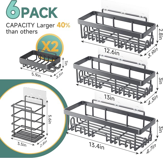 Veken Rustproof & Waterproof Shower Caddy 6-Pack, No Drilling Adhesive Shelves Rack with Soap Holder, Large Capacity Bathroom Organizers and Storage, Wall-Mounted Kitchen & Home Decor, Dark Grey - Image 7