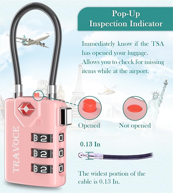 TSA Approved Luggage Locks, Combination Cable Locks, 2 Pack, Pink | Search Alert shows TSA key access; resettable 3-digit code and flexible braided steel cable for suitcases and backpacks. - Image 4