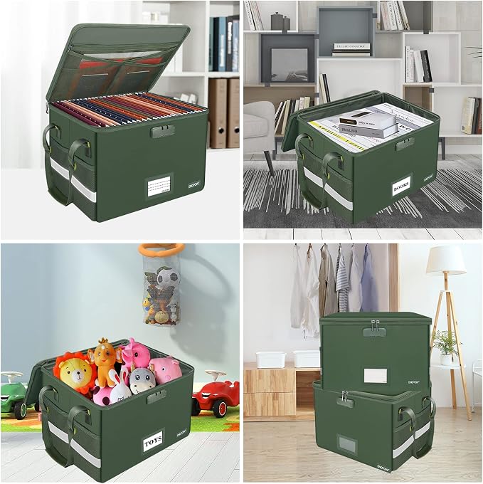 ENGPOW File Box with Lock, Fireproof Document Box with Pockets, Collapsible File Organizer Filing Storage Cabinet with Handle, Portable Home Office Safe for Hanging Letter/Legal Folders,Green,2 Pack - Image 2
