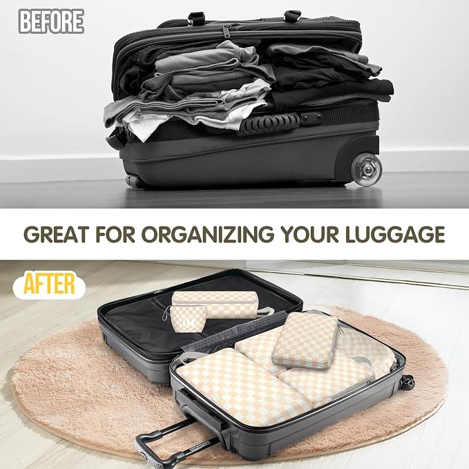 8 Set Compression Packing Cubes Travel, Lightweight Durable Packing Compression Cubes, Accessories Bags Packing Cubes for Travel Luggage Organizer (Khaki Checkered) - Image 5