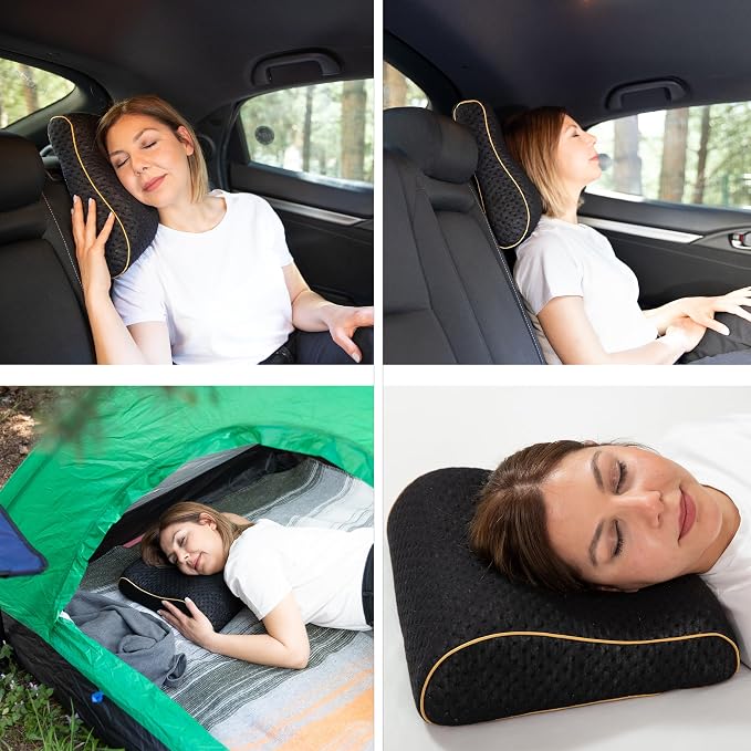 alkamto Travel & Camping Comfortable Memory Foam Pillow – Easy to Carry Portable Bag – Temperature Regulating Pillow Case (Black Contour) - Image 4