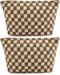 SOIDRAM 2 Pieces Makeup Bag Large Checkered Cosmetic Bag Capacity Canvas Travel Toiletry Bag Organizer Cute Makeup Brushes Aesthetic Accessories Storage Bag for Women, Brown checkered by SOIDRAM