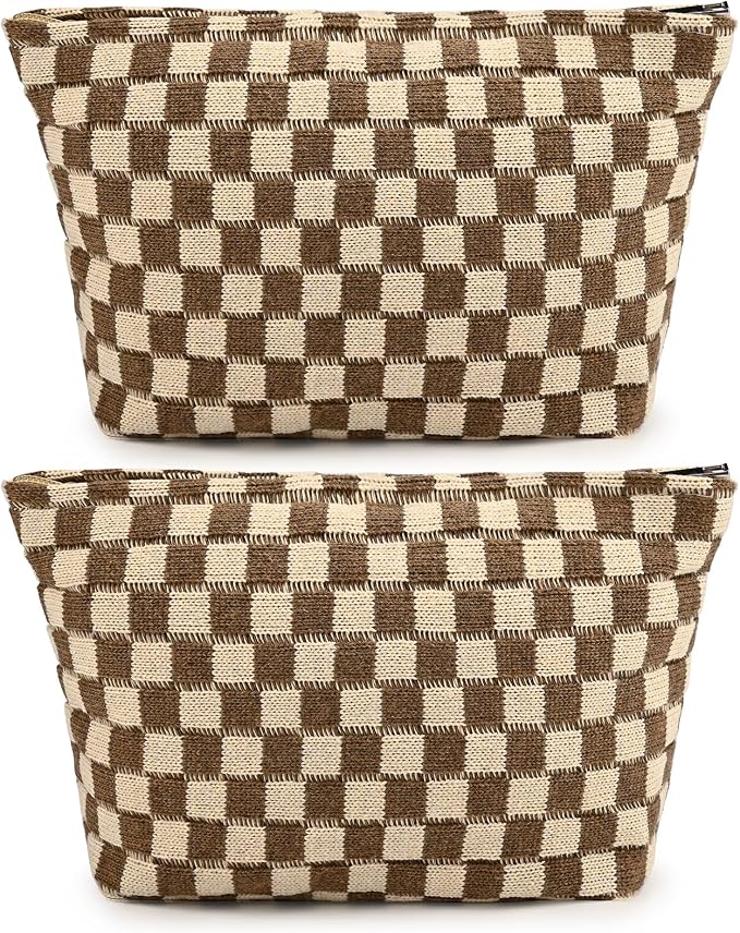 SOIDRAM 2 Pieces Makeup Bag Large Checkered Cosmetic Bag Capacity Canvas Travel Toiletry Bag Organizer Cute Makeup Brushes Aesthetic Accessories Storage Bag for Women, Brown checkered by SOIDRAM