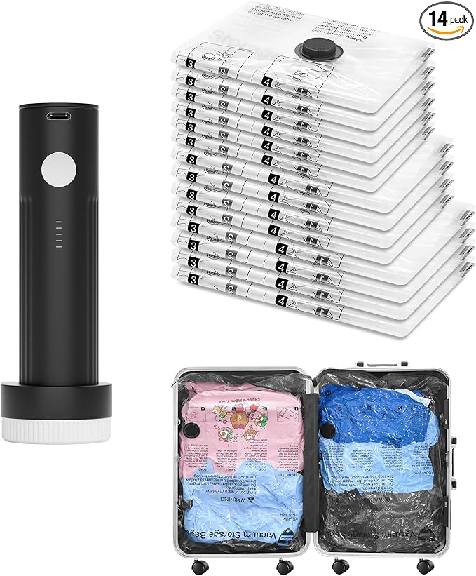 Vacuum Seal Bags for Clothing Travel and Home Storage, Travel Vacuum Bags with Electric Pump, Space Saver Compression Packing Cubes for Luggage Suitcase Bedding Blankets Clothes, 14 Combo by SUOCO