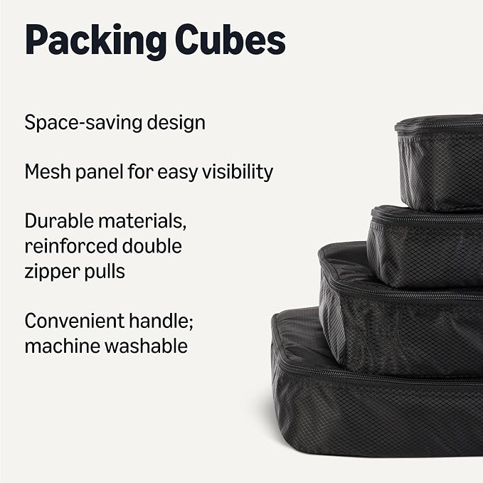 Amazon Essentials 4-Piece Space-Saving Packing Cubes Travel Accessories Set, Luggage Organizer with Double Zipper, Mesh Top, Small/Medium/Large/Slim, Black (Previously Amazon Basics) - Image 2
