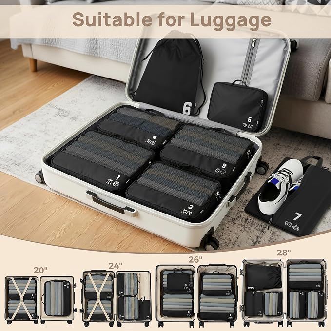 7 Set Compression Packing Cubes for Travel, Luggage Organizer Bags for Suitcases with Mesh Panels, Shoe Bag & Toiletry Bag for Carry On, Vacation & Cruise Essentials (Black) - Image 4
