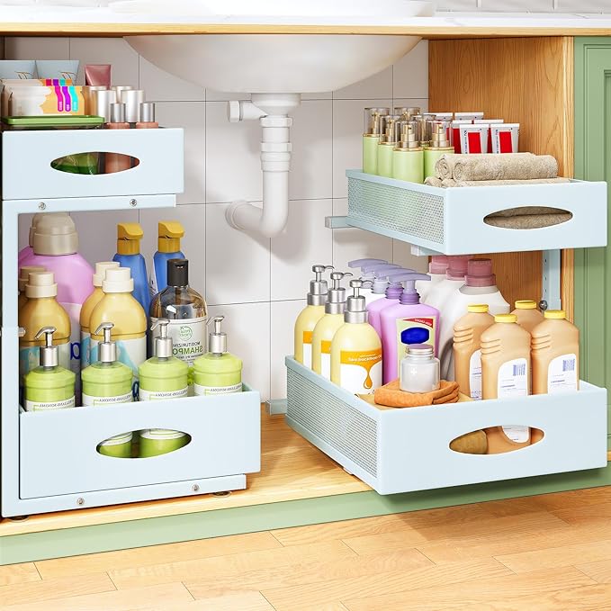 Under Sink Organizer, 1-Pack Pull Out Cabinet Organizer 2 Tier Metal Slide Out Storage Shelf Rack, L-Shaped Adjustable Height,Mesh Sliding Drawer for Kitchen, Bathroom, Laundry, Pantry, Blue, XL by Kitstorack