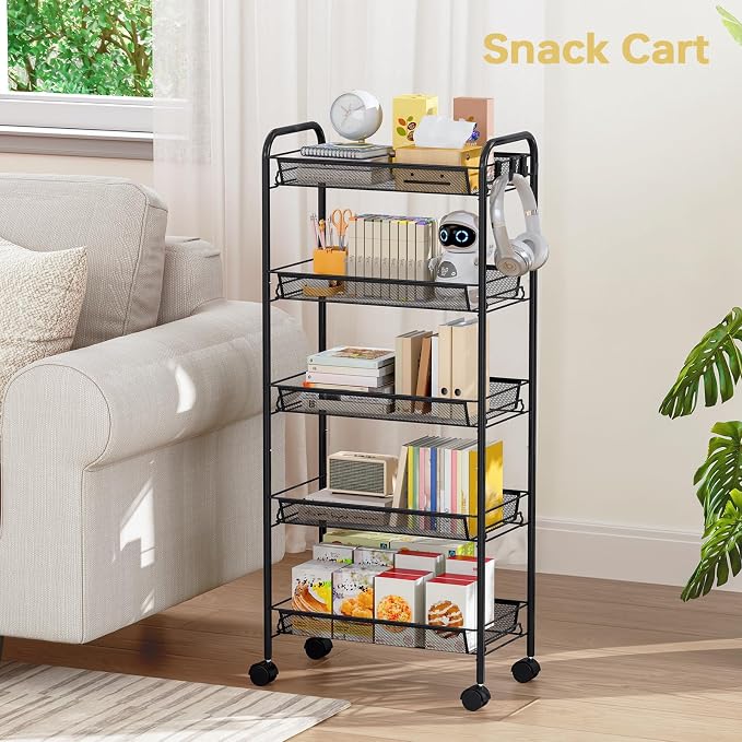 TOOLF 5 Tier Rolling Cart, Metal Utility Storage Cart with Wheels, Black | 3 Hooks, Screwless Assembly, Trolley Organizer for Bathroom, Kitchen, Office, Nursery, Dorm, Laundry Room - Image 6