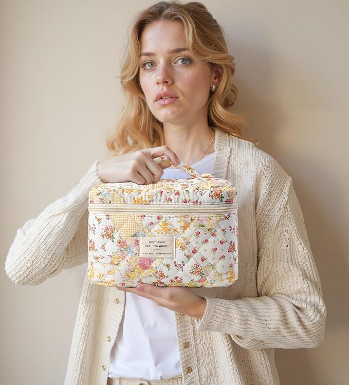 HBselect Quilted Makeup Bag, 3Pcs Cotton Large Travel Makeup Bags Organizer | Cute Floral Make up Bag Cosmetic Bag Toiletry Bag for Women Girls, Makeup Pouch for Skincare, Brushes & Travel Essentials - Image 7