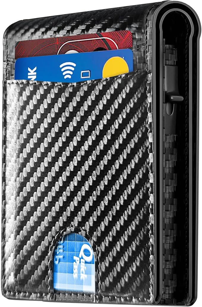 2026 Wallet for Men - RFID Blocking [Functional & Practical] Bifold Slim Minimalist Credit Card Holder Pop Up Wallet Metal Case with Cash Slot, Front Pocket with ID Window, Gift Boxed (Carbon Fiber) by QLDBrand