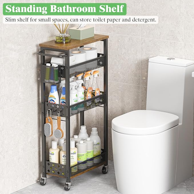 4 Tier Slim Rolling Storage Cart Laundry Room Organzier with Wheels | Small metal bathroom cart，kitchen organizer, trolley with handle and mesh basket, 7.1 inch width for narrow space, black - Image 6