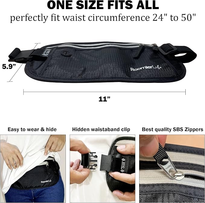 RFID Blocking Passport Holder Travel Pouch for Men & Women - Hidden Money Belt with Anti-Theft Locking Zipper, Slim Waterproof Waist Wallet for Cash, Credit Cards, Passport & Travel Documents (Onyx) - Image 5