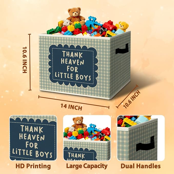 Rustic Thank Heaven for Little Boys Storage Bins Boxes with Handles | toys books clothes,blue checkered nursery foldable basket for organizing bedroom toddler room playroom - Image 3