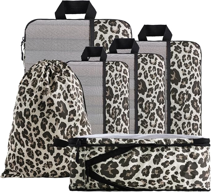 U+U 6 Set Compression Packing Cubes, Travel Organizers (Leopard) | Space-Saving & Drawstring Bag Included by UU