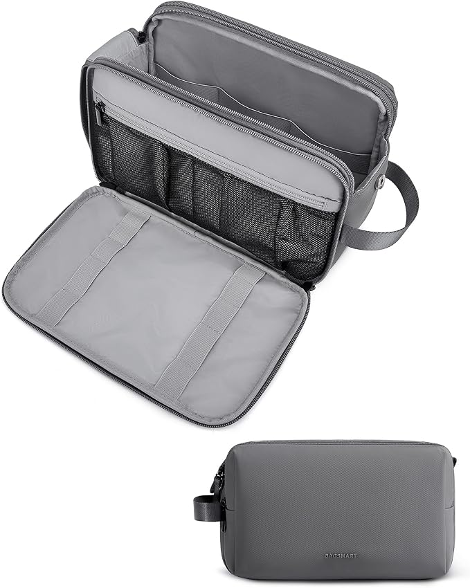 BAGSMART Toiletry Bag for Men, Travel Toiletry Organizer Dopp Kit Water-resistant Shaving Bag for Toiletries Accessories, Door Room Essentials,Grey-large by BAGSMART