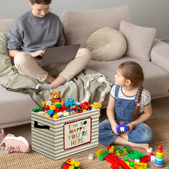 Rustic Boho Classroom Storage Bins Boxes with Handles | books clothes, i'm so happy you are here grey striped nursery foldable basket for organizing bedroom toddler room playroom - Image 4