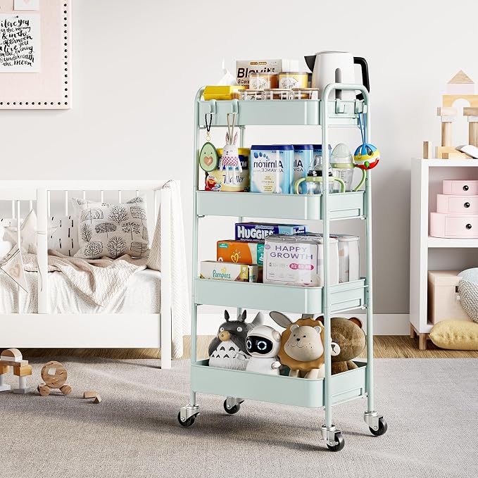 TOOLF 4 Tier Metal Rolling Cart, Utility Storage Cart with Wheels, Green | Screwless Assembly, Lockable Metal Wheels, Trolley Organizer for Bathroom, Kitchen, Office, Dorm, Laundry, Craft Room - Image 8