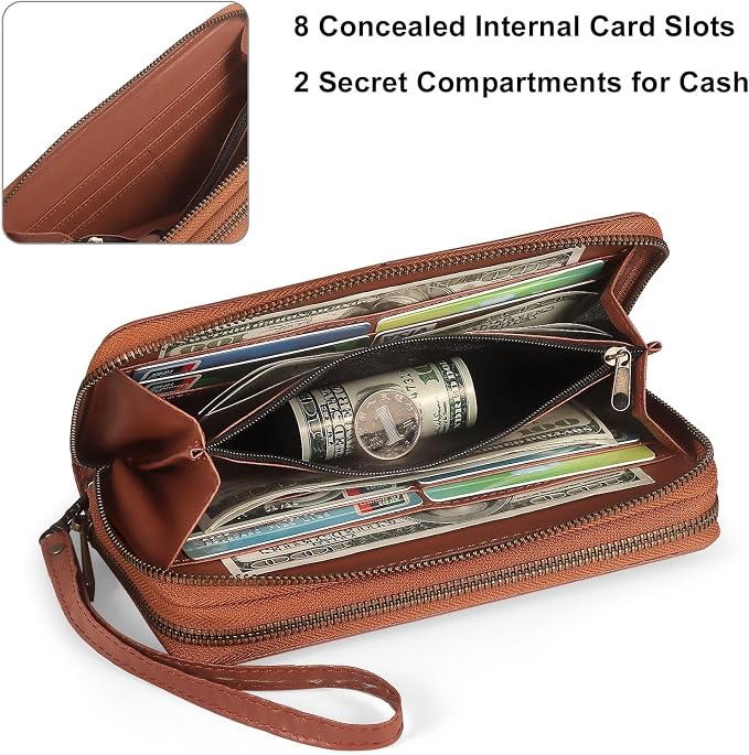Double Zipper Wallet RFID Blocking Cellphone Wristlet for Women Large Capacity Multi Card Clutch Purse with Removable Strap, Grey Linen Brown - Image 4