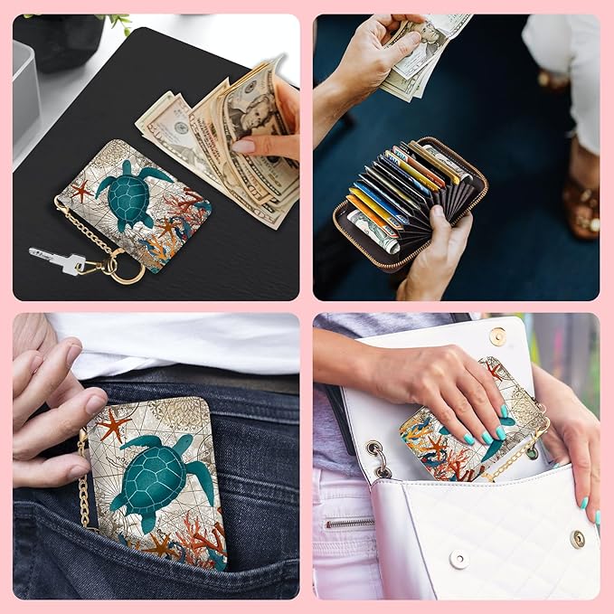 Blusabaca RFID Credit Card Holder Small Women Travel Wallet, Sea Turtle | Removable Keychain, Case with Zipper, Vegan PU Leather, Cash Coin Pocket, Business Accordion Purse, Ladies Female Gift - Image 3
