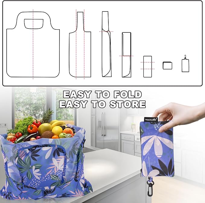 HOLYLUCK Reusable Grocery Bags,Heavy Duty Foldable Shopping Tote Bag (Standard, Purple leaves) - Image 5