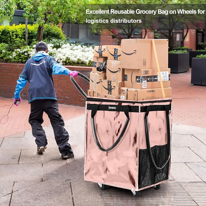 (Medium,Rose Gold) Reusable Grocery Bag on Wheels, Foldable Rolling Tote | 70L Shopping Trolley, Wide Zipper Shopping Carts for Trips, Laundry, Groceries, Camping, Storage,4 Heavy Duty Wheels - Image 3