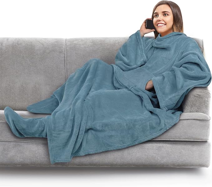 PAVILIA Fleece Blanket with Sleeves, Foot Pockets for Women Men Adults, Plush Wearable Blanket Throw Wrap, Warm Snuggle Blanket Robe, Cozy Gift Ideas Wife Mom, Dusty Blue by PAVILIA
