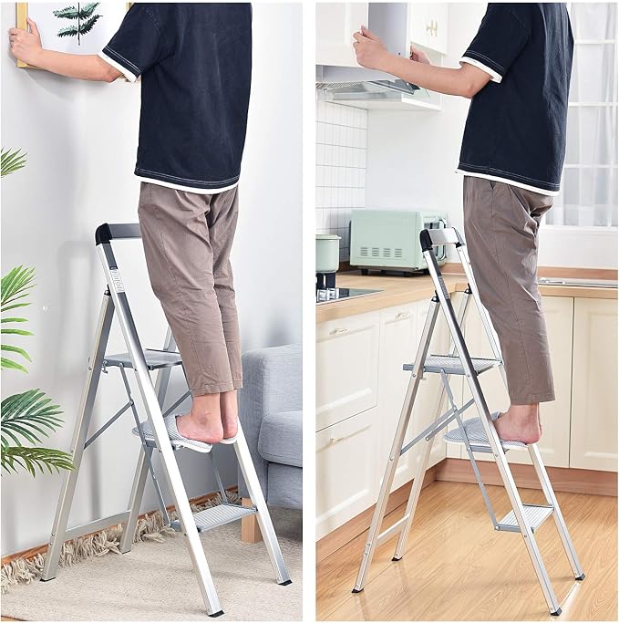 KINGRACK Aluminium 3 Step Ladder, Lightweight Step Stool with Non-Slip Pedals, Handrail, 330 LBS Foldable Step Ladder for Kitchen, Garage, Home, Space Saving, Sturdy and Portable, Silver - Image 7