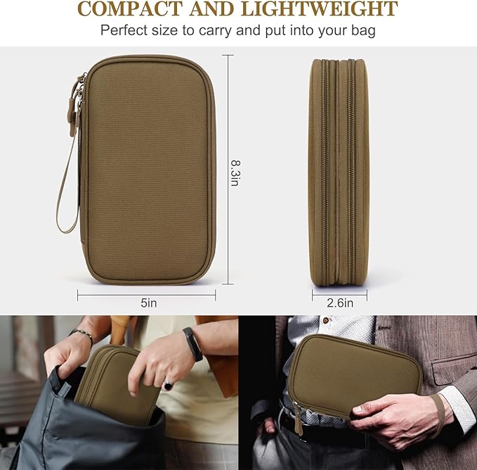 FYY Electronic Organizer, Travel Tech Pouch Bag, Medium, Brown | Wrist Strap, Waterproof, Double Layers Portable Electronics Travel Carrying Case for Cord, Charger, Daily Business Trips Use - Image 2