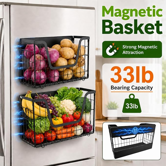 UFORU Magnetic Shelf for Fridge, Strong Magnet Storage Rack for Kitchen | 2 Pack Set, Holds Up to 30 lbs, Spacious Hollow Basket Design, Upgraded Material, Durable Construction, Space-Saving Storage - Image 4