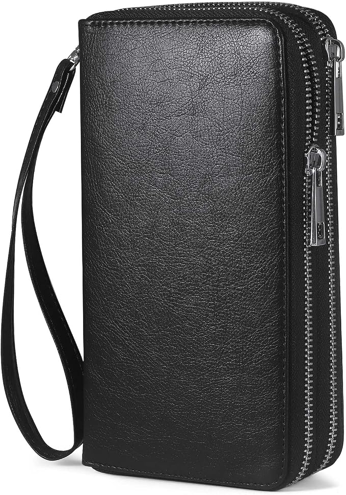 Double Zipper Wallet for Women RFID Blocking Cellphone Wristlet Large Size Multi Card Clutch Purse with Removable Strap, Black by HAWEE