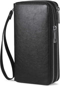 Double Zipper Wallet for Women RFID Blocking Cellphone Wristlet Large Size Multi Card Clutch Purse with Removable Strap, Black by HAWEE