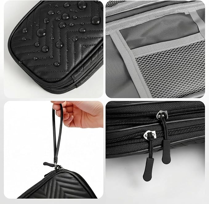 Double Layer PU Leather Electronics Organizer Bag, Midnight Black | Water-resistant pouch with 8 anti-tangle compartments, padded lining and cable ties to protect chargers and 3ft+ cords. - Image 4