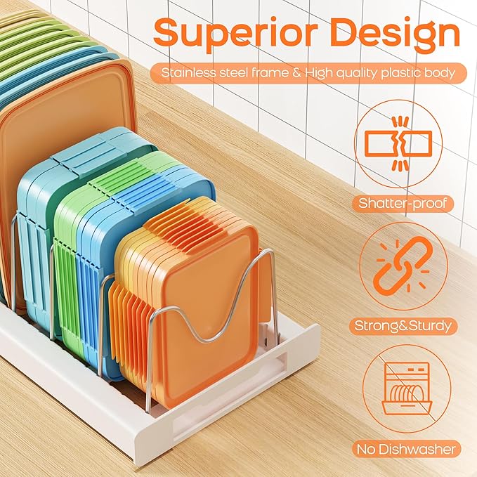 Nigelia Pots and Pans Organizer for Under Cabinet 22" Expandable Food Storage Container Lid Organizer with 10 Adjustable Dividers Pot and Pan Lid Holders Rack Inside Cabinet & Kitchen Countertop White - Image 5
