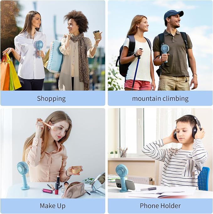 Jancane Handheld Fan, USB Rechargeable Mini Portable Fan with Base, 10H Battery, Strong Wind, Small & Powerful, Cute Design for Travel, Makeup, Girls Women Summer Gift(Light Blue) - Image 5