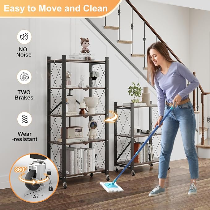 5-Tier Foldable Storage Shelves with Wheels,Folding Bookshelf no Assembly | Folding Metal Shelf Unit, Collapsible Shelves for Craft Shows for Kitchen, Bedroom, Living Room, Rustic Brown - Image 4