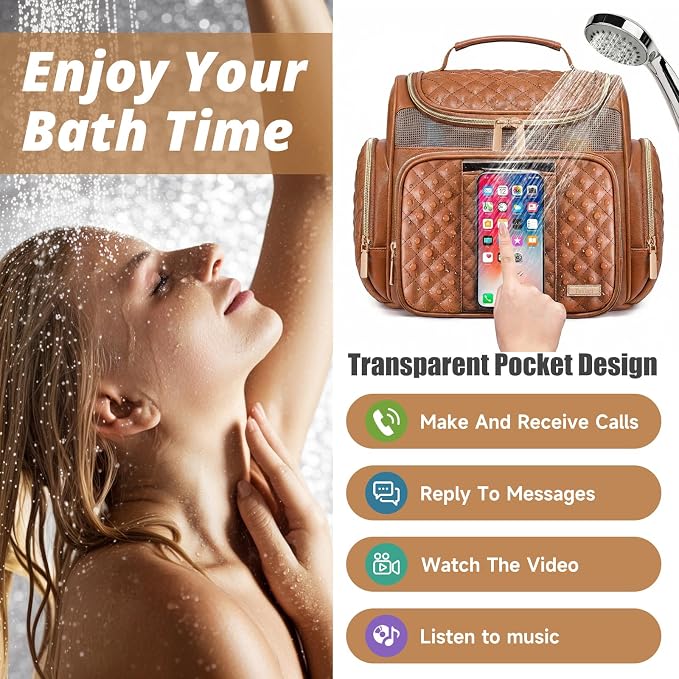 Large Leather Toiletry Bag for Women Men,Bathroom Bag,Water Resistant Shower Bag,Makeup Bag,Portable Shower Caddy for College Dorm,Hanging Travel Toiletry Bag with Transparent Waterproof Phone Pocket - Image 3