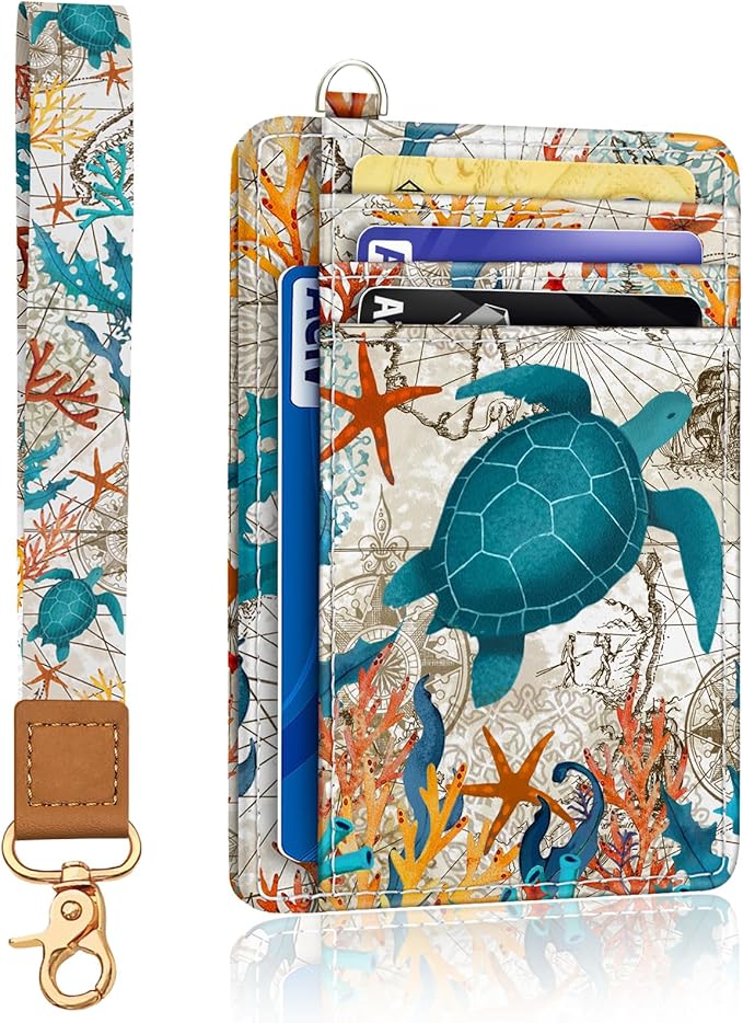Yonlevres Sea Turtle Credit Card Holder Slim RFID Wallet Women Wristlet | Front Pocket, Handy, RFID Blocking, Woman Girls Ladies Gifts, D-ring for Keychain,Thin Mini Card Case, ID Window, PU Leather by Yonlevres