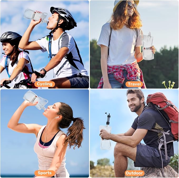 VANPET 1L Hiking Collapsible Water Bottles, 33OZ BPA-Free Plastic Flasks, Reusable Drink Bags, Foldable Backpacking Water Bottle for Travel Camping Hiking (4-Pack) - Image 6