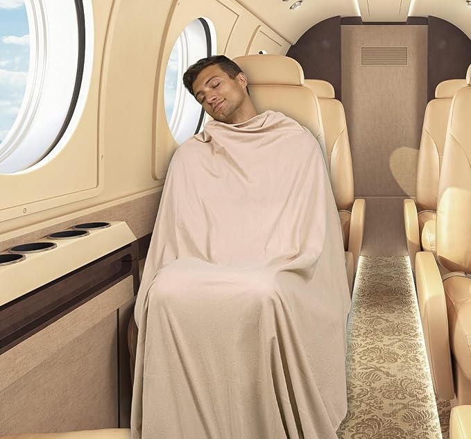 BlueHills Ultra Compact Travel Blanket Premium Plane Pillow Airplane Beige | Soft Airplane Throw, Compact in a Bag 70 X 48 inches Long, Portable & Lightweight, Traveling Essential Gift, Luggage Strap - Image 4