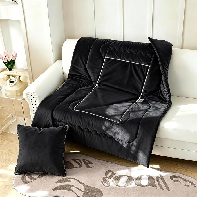 Black Pillow Blanket 2 in 1 Convertible, Soft Plush Throw Blanket, Large Warm Travel Blanket, Foldable Compact Pillow for Airplane,Car - Image 5