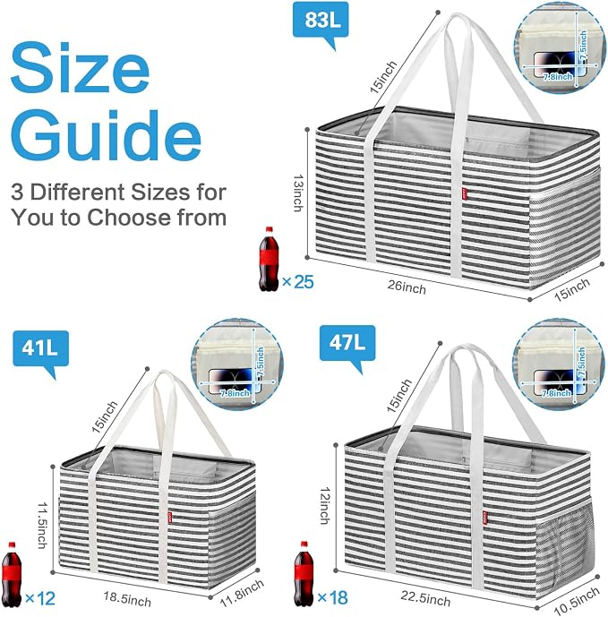 LHZK 2 Pack Extra Large Utility Tote Bag with Metal Wire Frame and the Sides Rinforced, Extra Large Tote Bag with Handle, Reusable Grocery Bags Foldable, Beach Bag, Car Tote, Grey, 26''x15''x13'' - Image 4