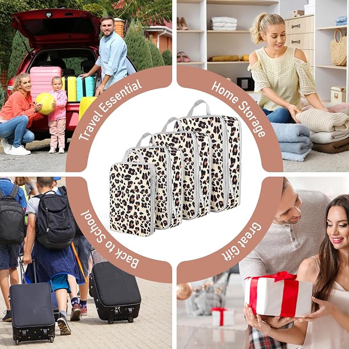 4 Set Compression Packing Cubes For Travel Bags Organizer For Luggage Suitcase Organizer, Compression Bags For Travel Accessories Luggage Storage Set (4 Pcs, Brown Leopard) - Image 7