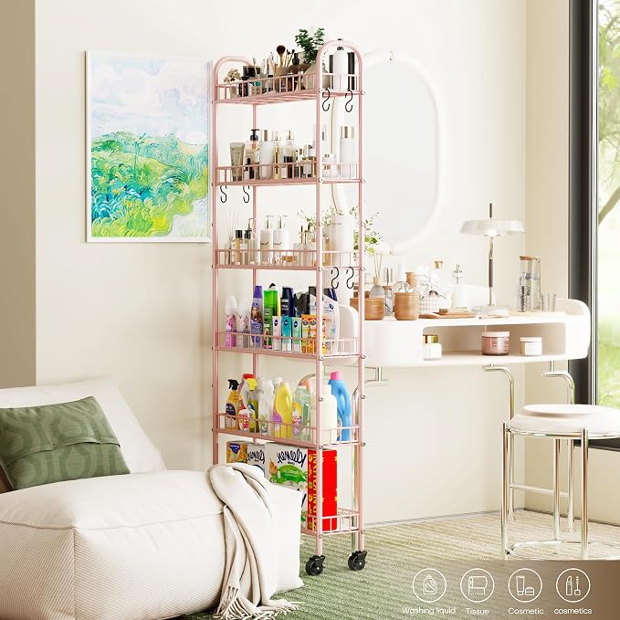 6-Tier Slim Storage Cart, Rolling Kitchen Cart with Wheels | Narrow Metal Shelf Organizer with Hooks for Kitchen, Bathroom, Living Room, Laundry, Small Spaces, Pink, 6 in - Image 6