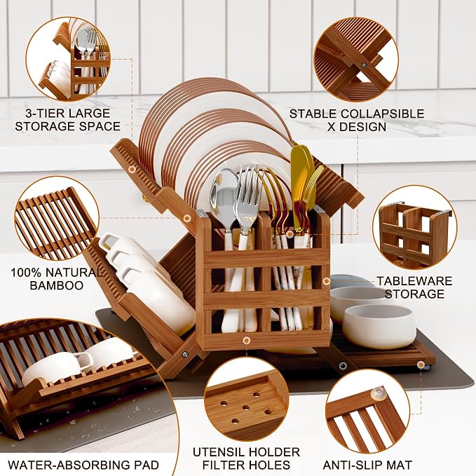 Greenual Teak Dish Drying Rack with Utensil Holder, 3 Tier Collapsible Dish Rack, Wooden Dish Racks for Kitchen Counter, Large Folding Drying Holder with Absorbent Dish Drying Mat - Image 5