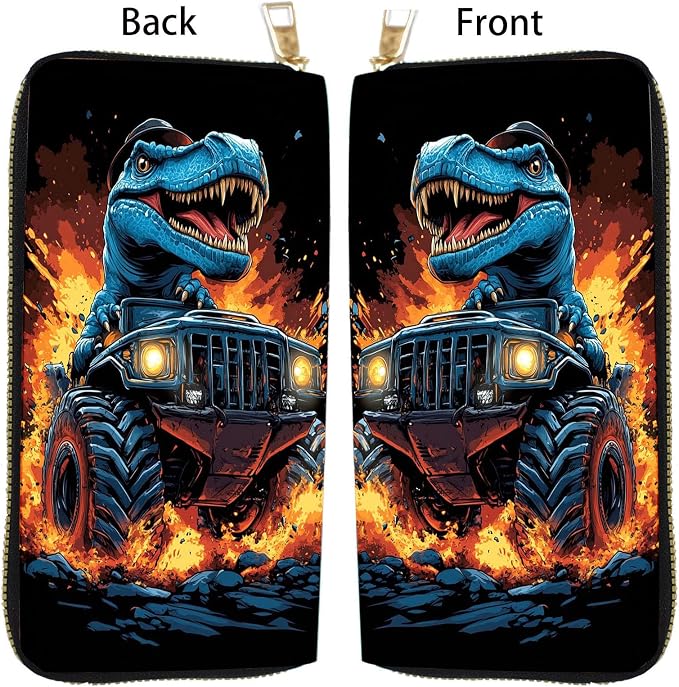 Women's RFID Blocking PU Leather Zip-Around Wallet, Large Capacity Clutch with Phone Holder, Travel Purse & Card Organizer with Removable Wristlet,Dinosaur in Monster Truck - Image 5